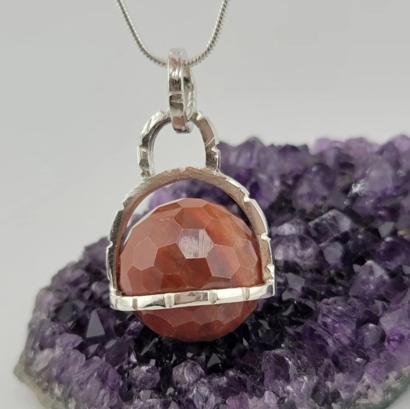 SPHERE CARNELIAN PENDANT IN STERLING SILVER METAL SNAKE CHAIN APPROX 18" - Picture 8 of 9